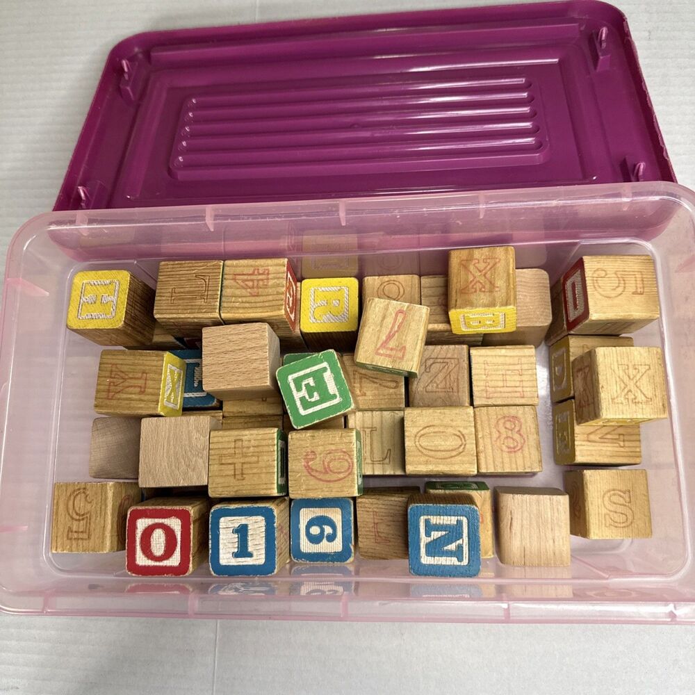 Vintage Wooden Alphabet number Blocks Lot in a storage box